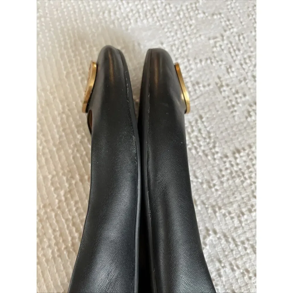 TORY BURCH Size 7 Black Benton Ballet Flat Nappa Leather Gold Emblem Slip On